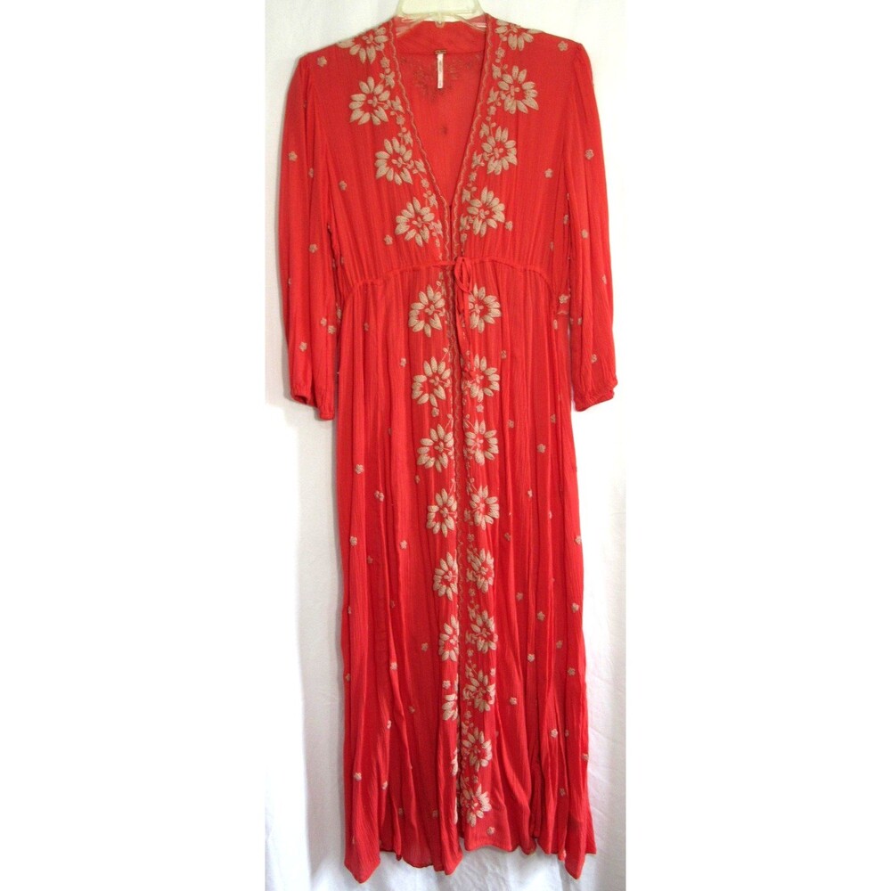 Free People Coral Orange Fable Embroidered 3/4 Sleeve Maxi Dress Size S EUC